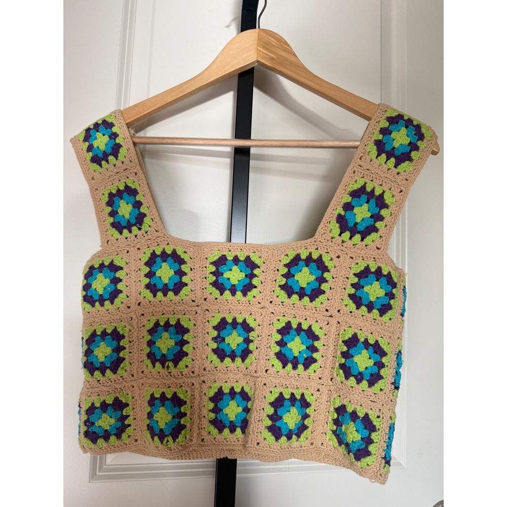Zara Women Crochet Granny Square Button Front Crop Top Tan‎ Purple Teal Small - Picture 4 of 8
